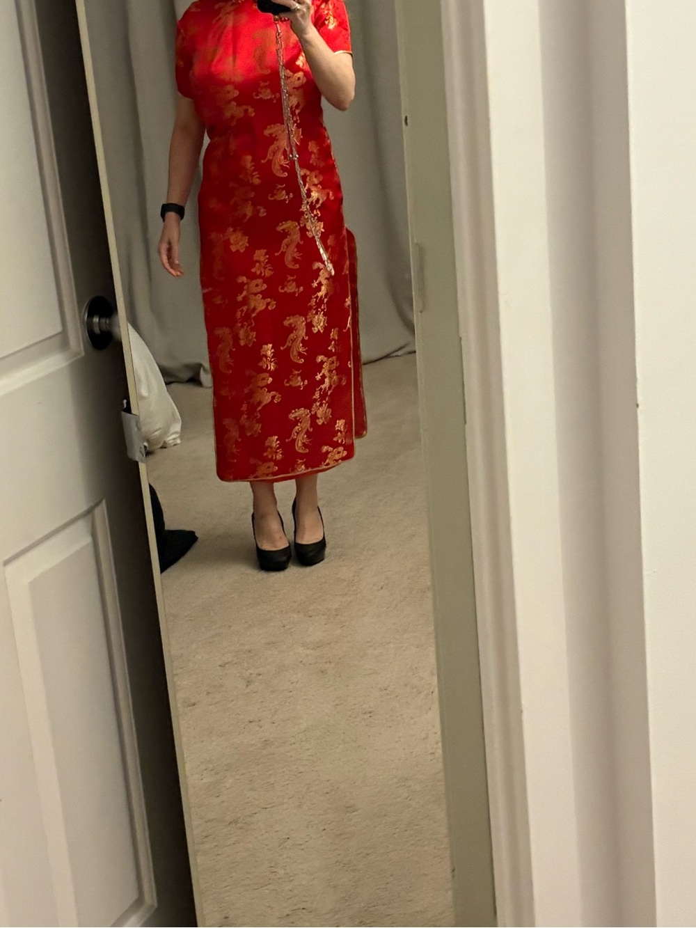 Red Satin Maxi Cheongsam Dress with Gold Brocade Detailing